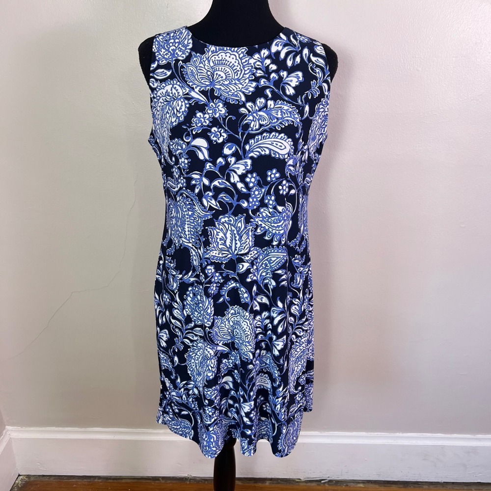 Tommy Hilfiger Paisley Floral Sheath Dress 8 Blue White Sleeveless Coastal Mod